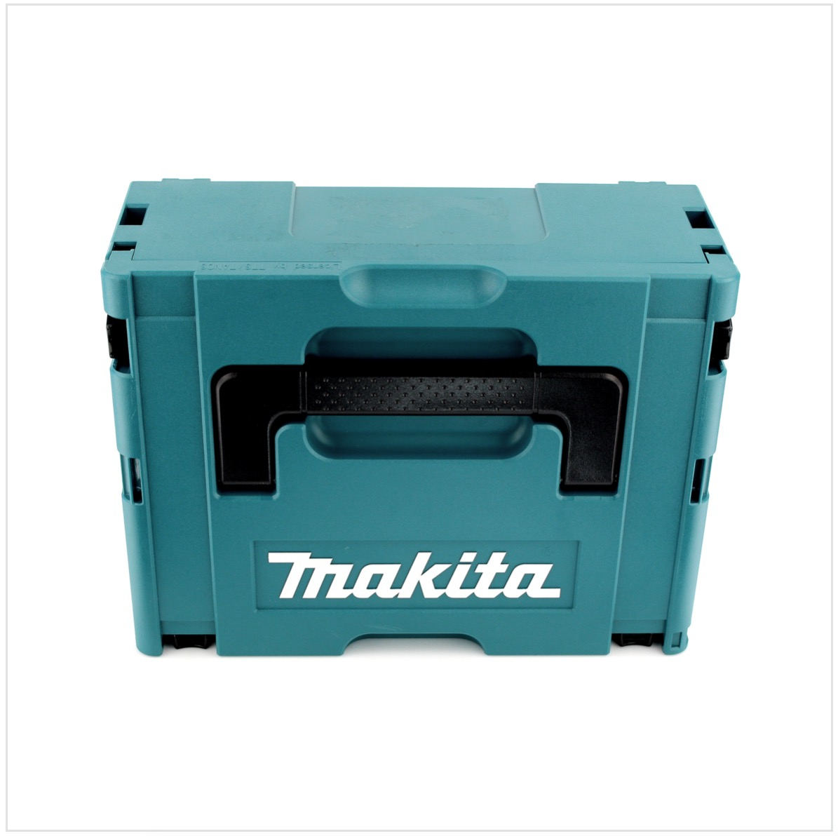 Eine teal Makita Werkzeugkiste auf weißem Hintergrund. Sie hat einen schwarzen Griff und das Makita-Logo.