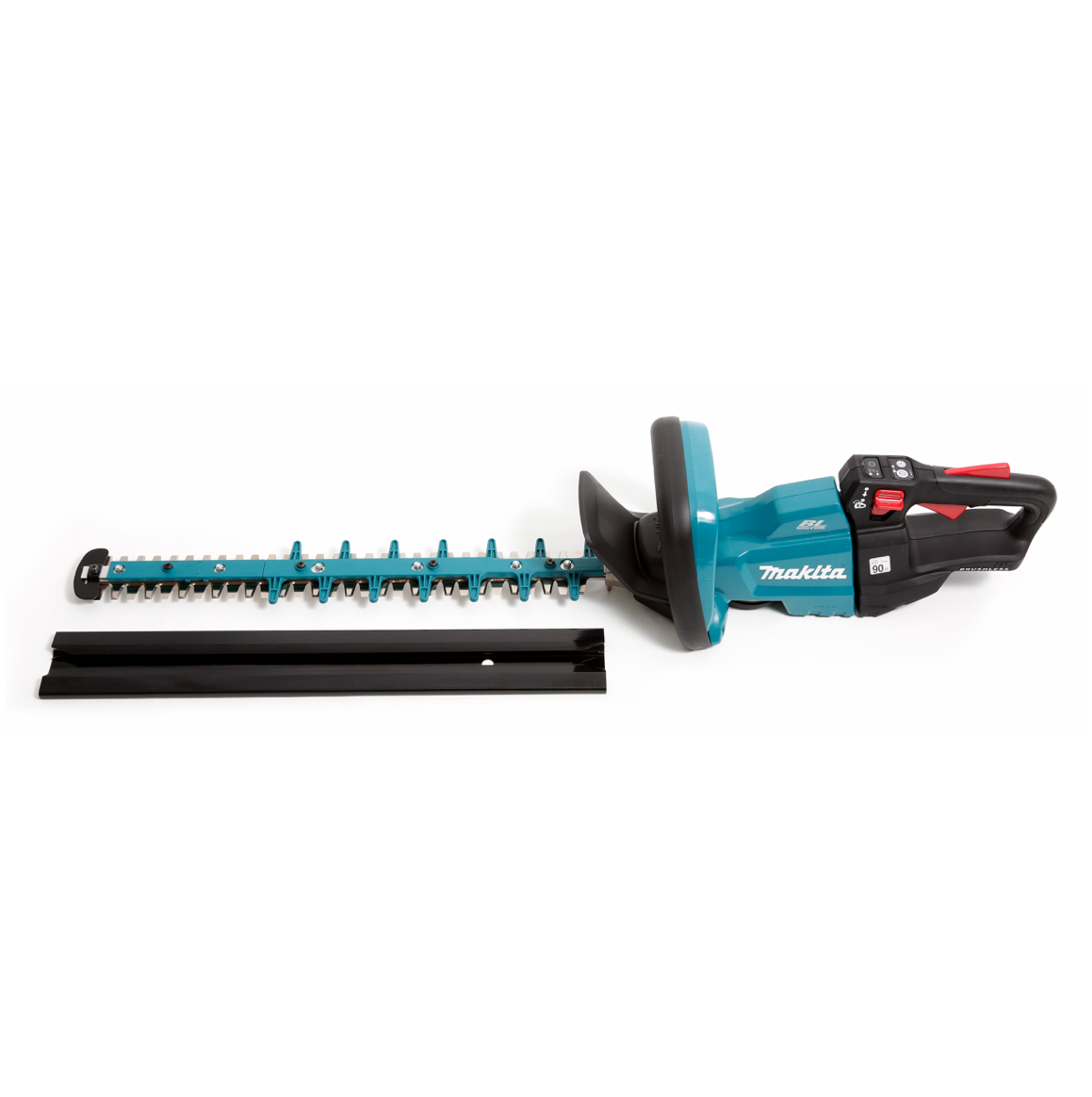 Eine teal- und schwarze Makita-Heckenschere liegt auf einer weißen Oberfläche. Unter den Schneidklingen befindet sich eine schwarze Führungsschiene.