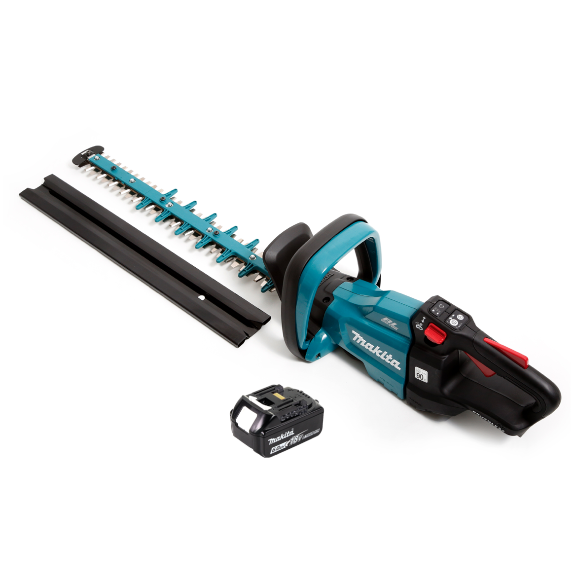 Eine Makita-Heckenschere mit abgenommenem Messerschutz und Akku. Der Trimmer ist türkis und schwarz. Links ist ein Akku.