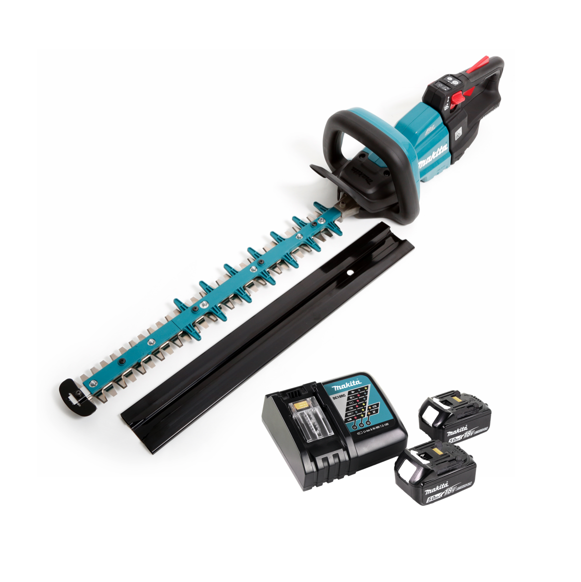 Makita Heckenschere mit Batterien und Ladegerät auf Weiß. Türkis-schwarze Trimmer mit Akku und Ladegerät.