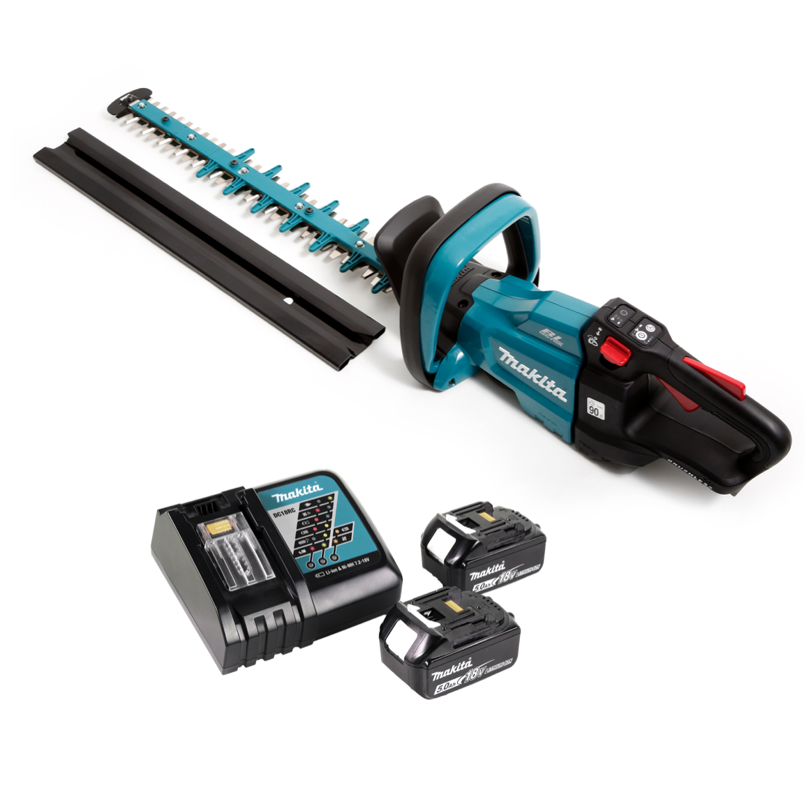 Makita Heckenschere-Set. Enthält Trimmer, Ladegerät, zwei Akkus und Klingenschutz. Türkis und Schwarz.