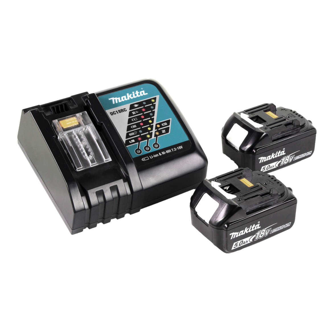 Ein schwarzes Makita-Batterieladegerät mit zwei Batterien. Das Ladegerät hat ein Display und die Batterien sind beschriftet. Weißer Hintergrund.