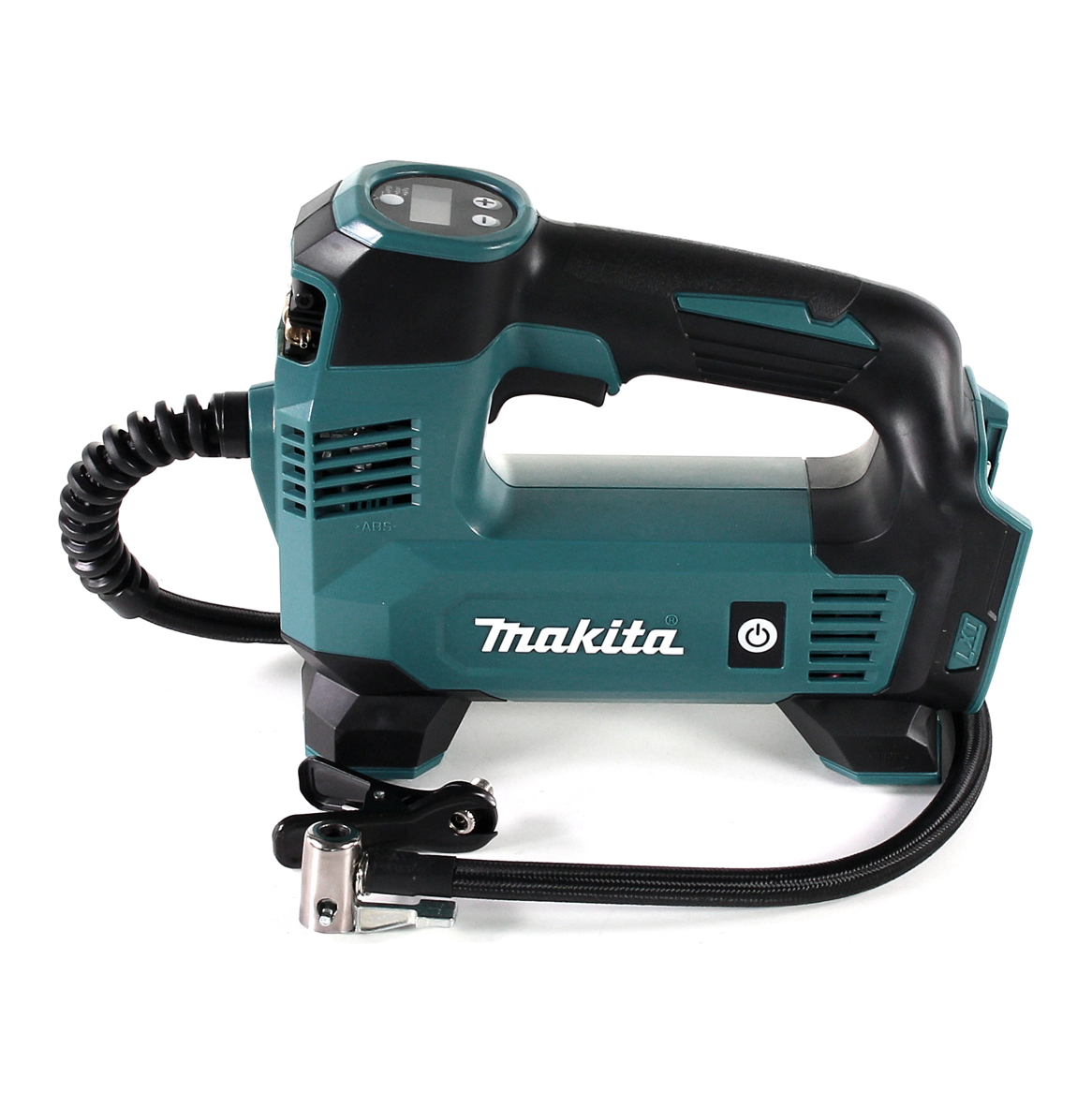 Akku-Luftkompressor von Makita in Teal und Schwarz auf Weiß. Mit Digitalanzeige, Power-Taste und Schlauch mit Düse.