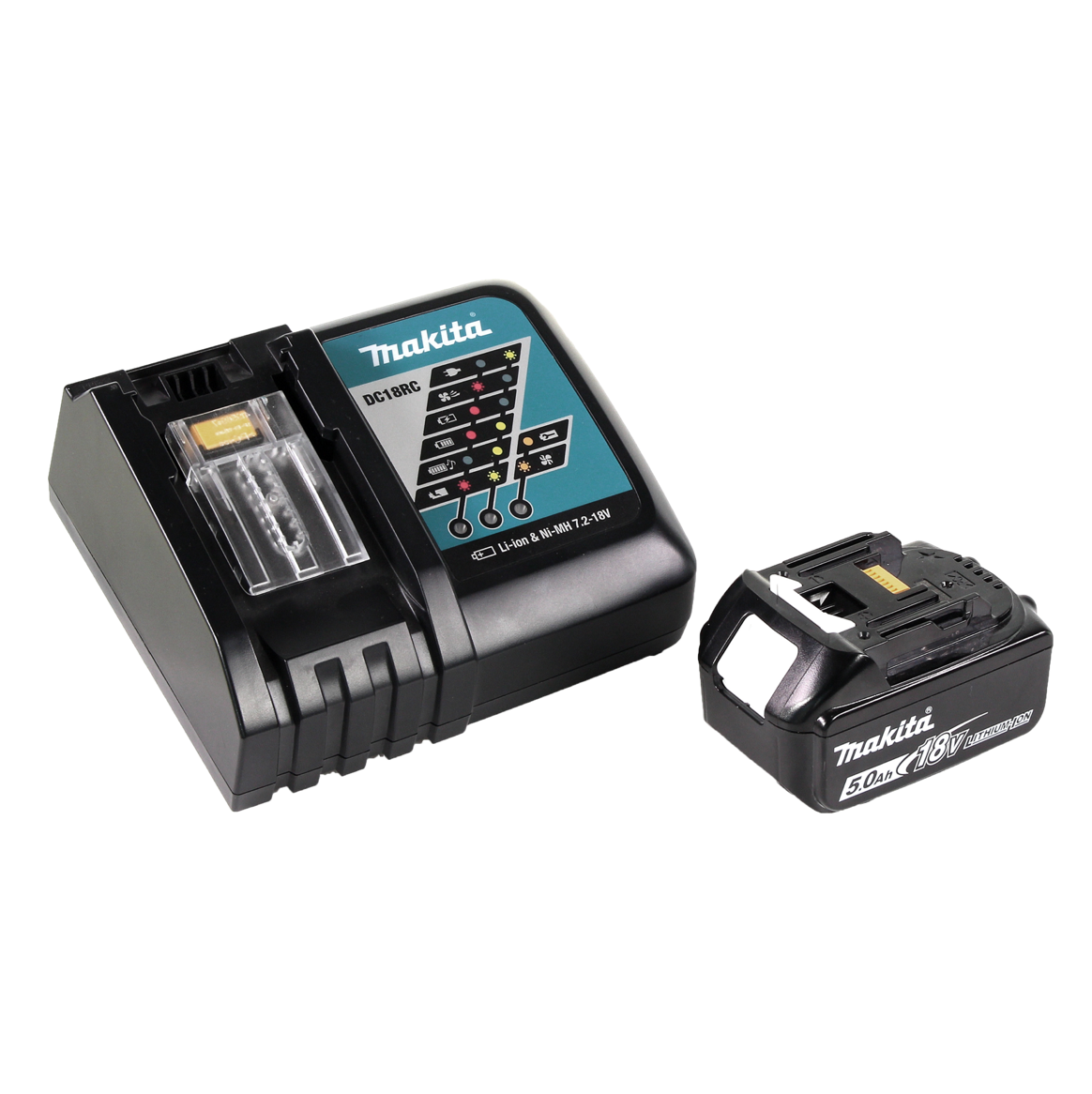 Schwarzes Makita-Batterieladegerät und -Akku. Das Ladegerät hat eine türkisfarbene Platte, und der Akku ist schwarz mit weißen Markierungen.