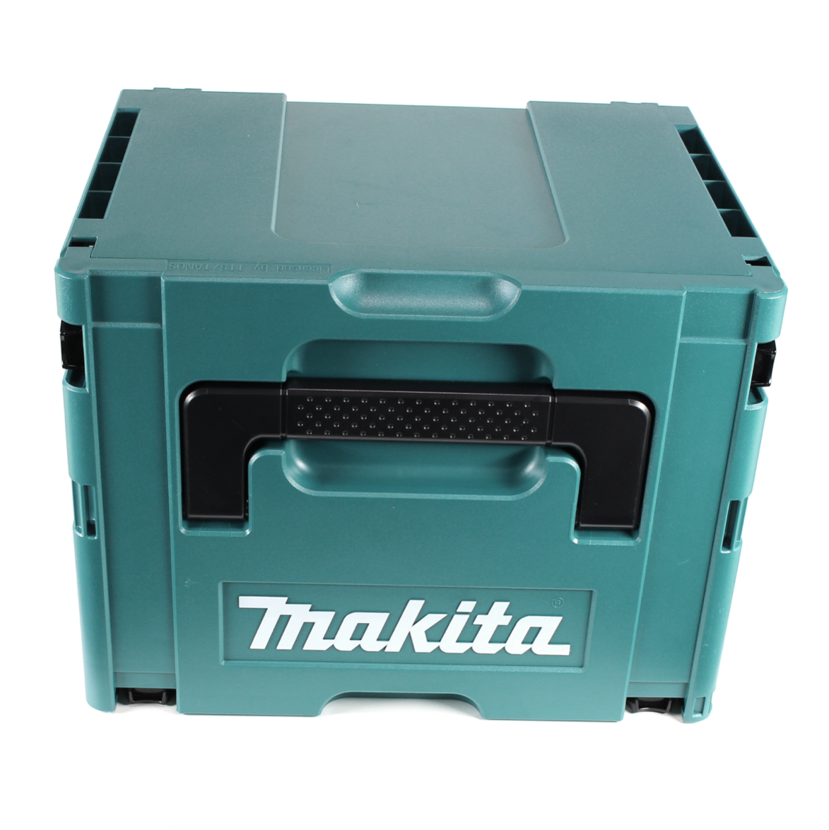 Eine türkisfarbene Makita-Werkzeugkiste mit schwarzem Griff und Logo. Die Werkzeugkiste ist geschlossen, mit weißem Hintergrund.