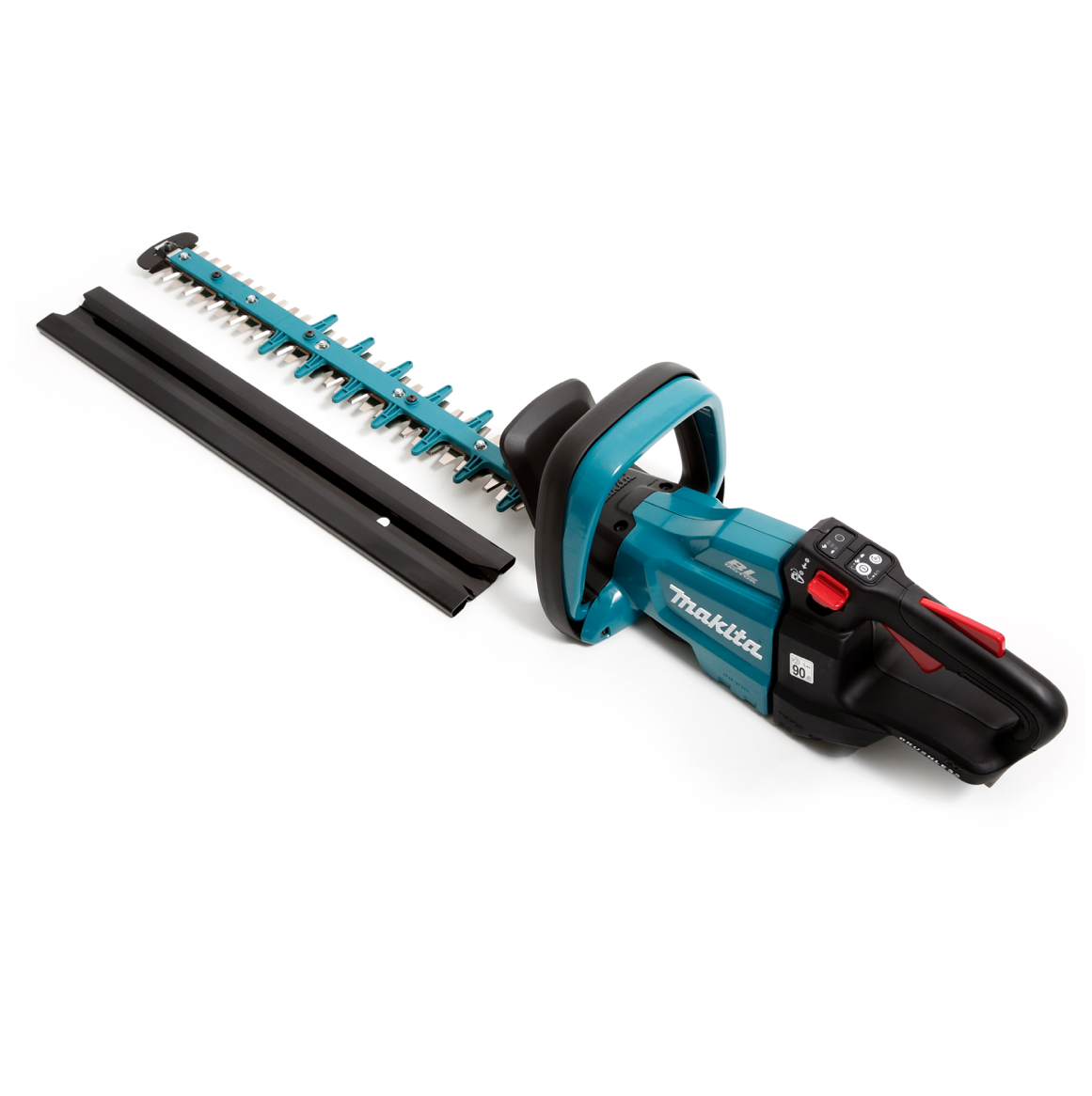 Eine teal- und schwarze Makita-Heckenschere liegt auf einer weißen Oberfläche. Die Klinge ist teal mit silbernen Zähnen, der Griff ist schwarz.