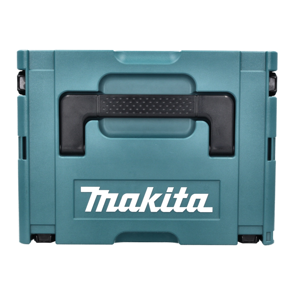 Eine türkisfarbene Makita-Werkzeugkiste. Sie hat einen schwarzen Griff und das Makita-Logo in Weiß. Die Box ist rechteckig.