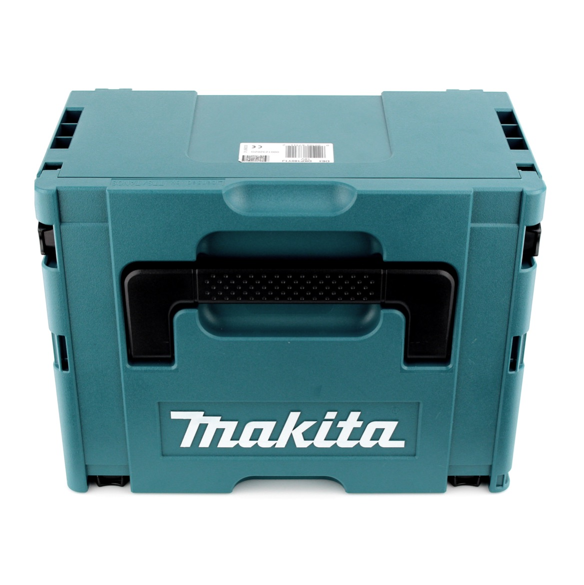 Eine türkisblaue Makita-Werkzeugkiste auf weißem Hintergrund. Sie hat einen schwarzen Griff und das Makita-Logo in Weiß.