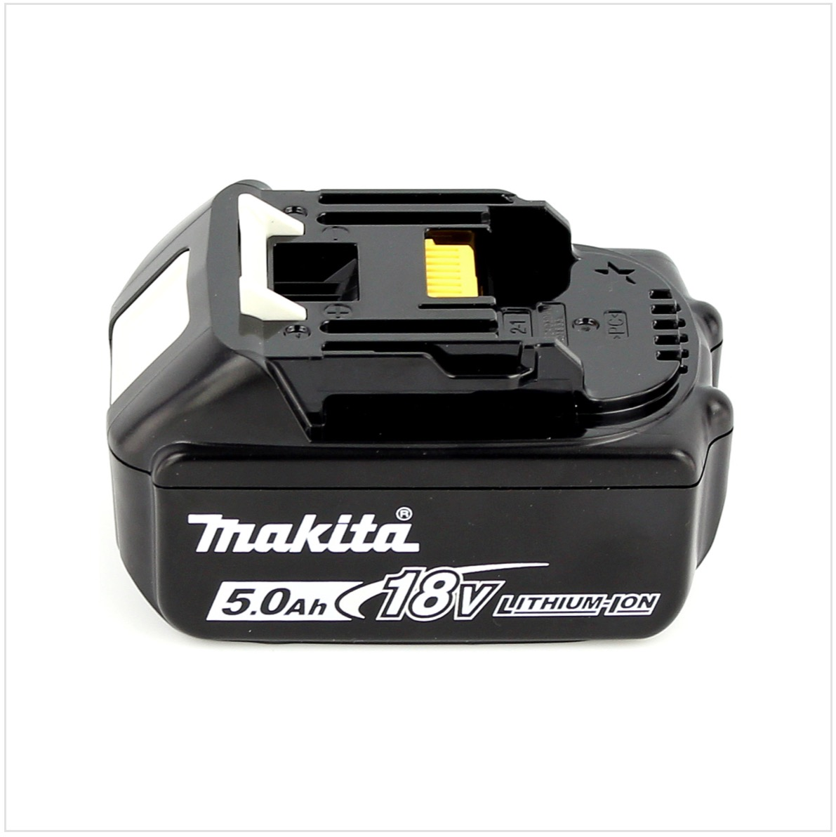 Ein schwarzer Makita 18V Lithium-Ionen-Akkupack. Er hat weißen Text und eine gelbe Komponente oben. Der Hintergrund ist weiß.