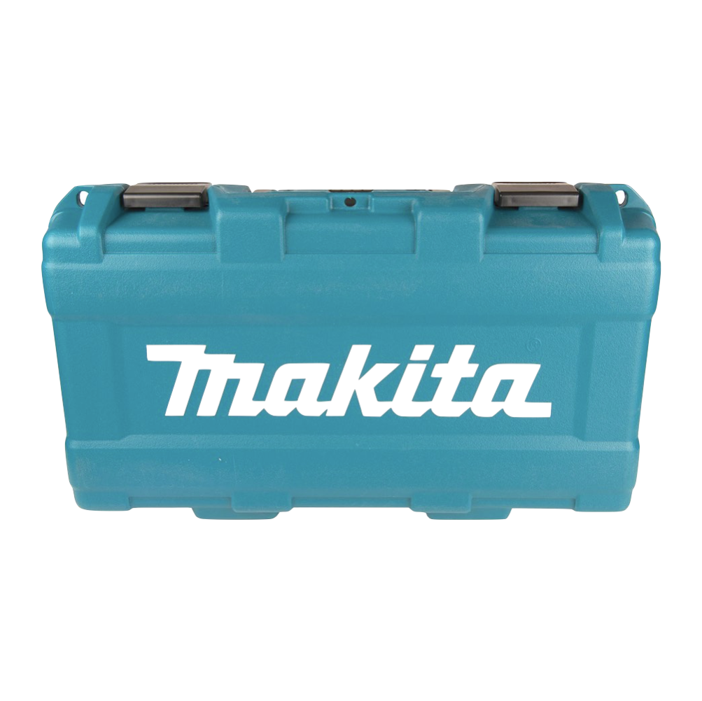 Ein türkisfarbener Makita-Werkzeugkoffer, rechteckig, mit schwarzem Griff und weißem Makita-Logo.