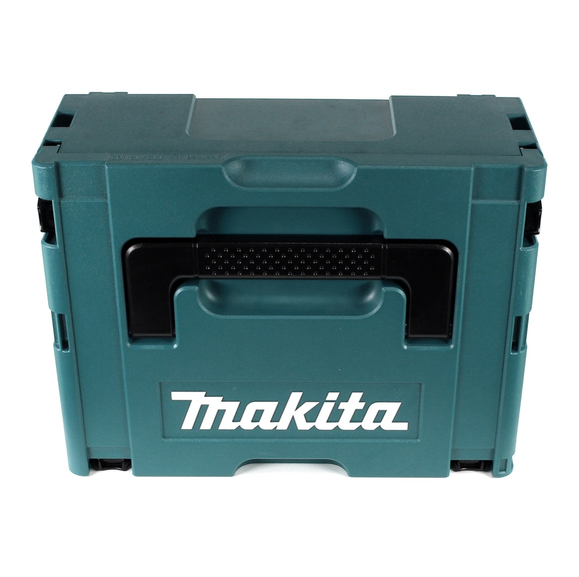 Eine teal Makita Werkzeugkiste mit schwarzem Griff. Das Makita-Logo ist weiß auf der Vorderseite. Die Box befindet sich auf weißem Hintergrund.