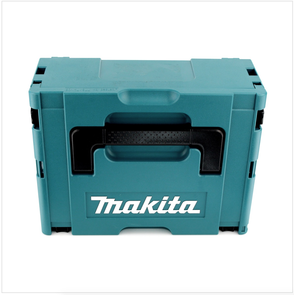 Eine teal-farbene Makita-Werkzeugbox. Sie hat einen schwarzen Griff und das Makita-Logo in Weiß. Sie steht auf einer weißen Oberfläche.