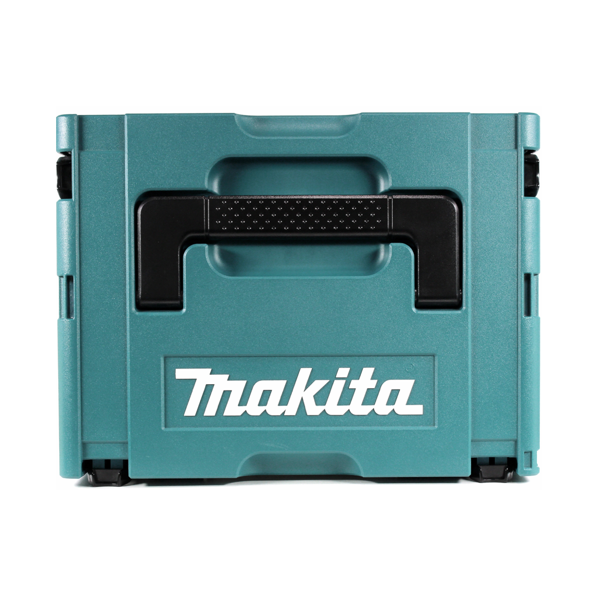 Eine türkisfarbene Makita-Werkzeugkiste mit schwarzem Griff. Das Makita-Logo ist weiß. Es befindet sich auf weißem Hintergrund.