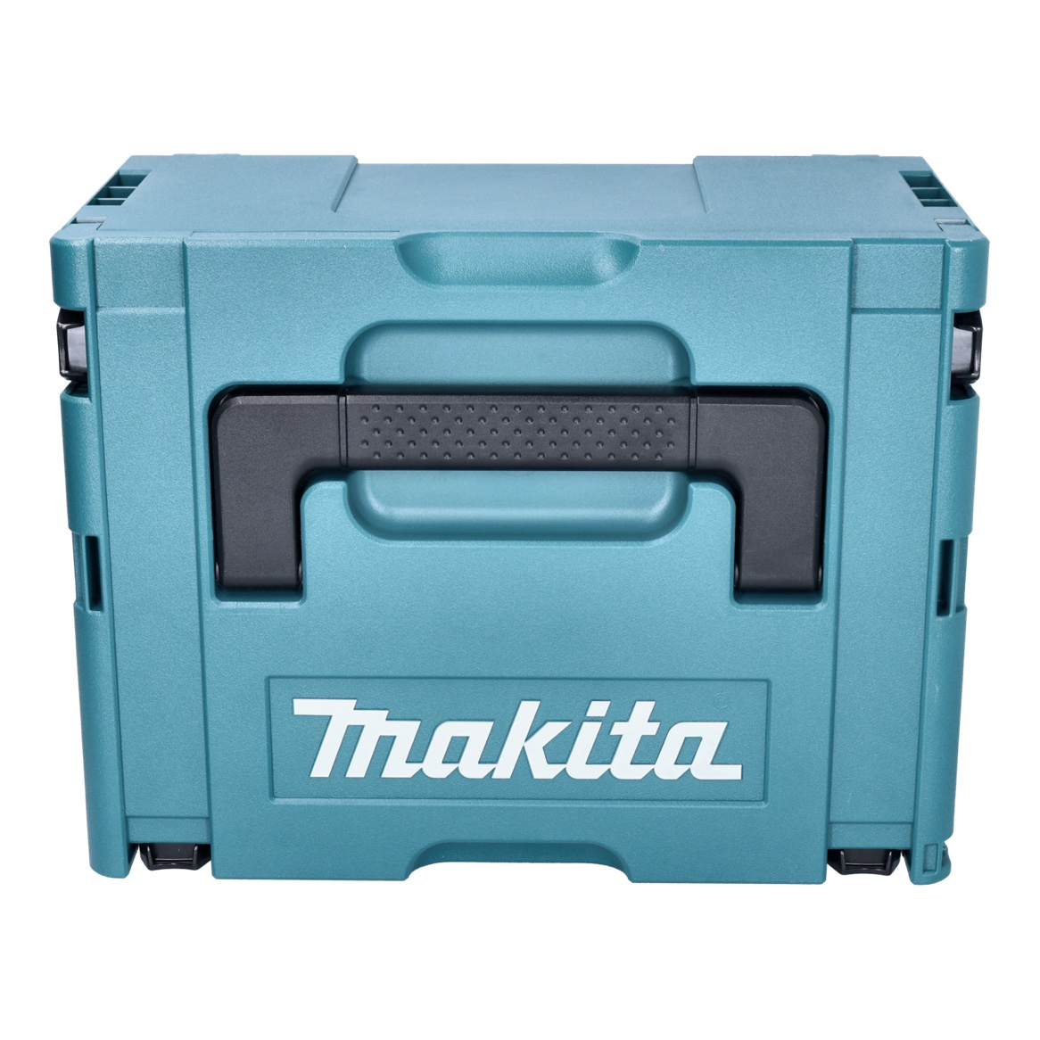 Eine türkisfarbene Makita-Werkzeugkiste mit schwarzem Griff. Das Makita-Logo ist weiß. Die Kiste ist rechteckig.