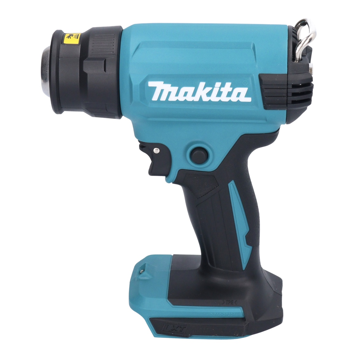 Eine teal-schwarze Makita Heißluftpistole. Sie hat eine Düse links, einen Griff mit Abzug und eine Batteriebasis unten.