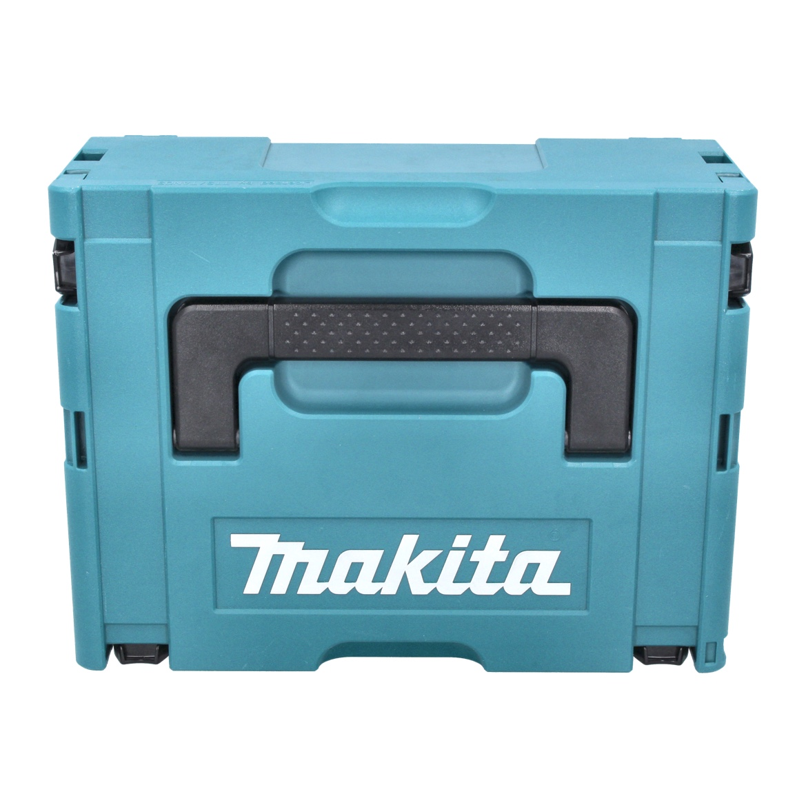 Eine türkisblaue Makita-Werkzeugbox mit schwarzem Griff. Das Makita-Logo ist weiß. Die Box ist geschlossen und auf weißem Hintergrund.