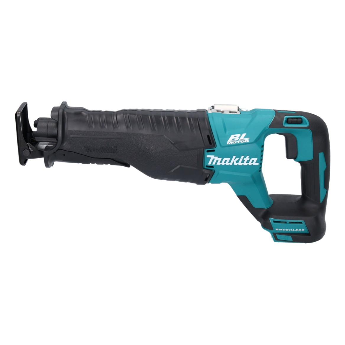 Eine Makita Säbelsäge wird gezeigt. Die Säge hat ein schwarz-türkisfarbenes Farbschema. Das Makita-Logo ist auf der Seite sichtbar.