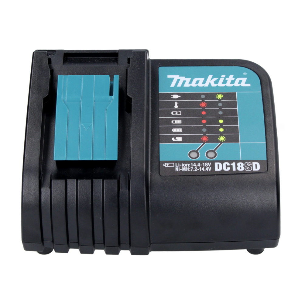 Schwarzes und türkisfarbenes Makita-Batterieladegerät DC18SD. Es hat Statuslichter, eine türkisfarbene Verriegelung und ein Etikett.