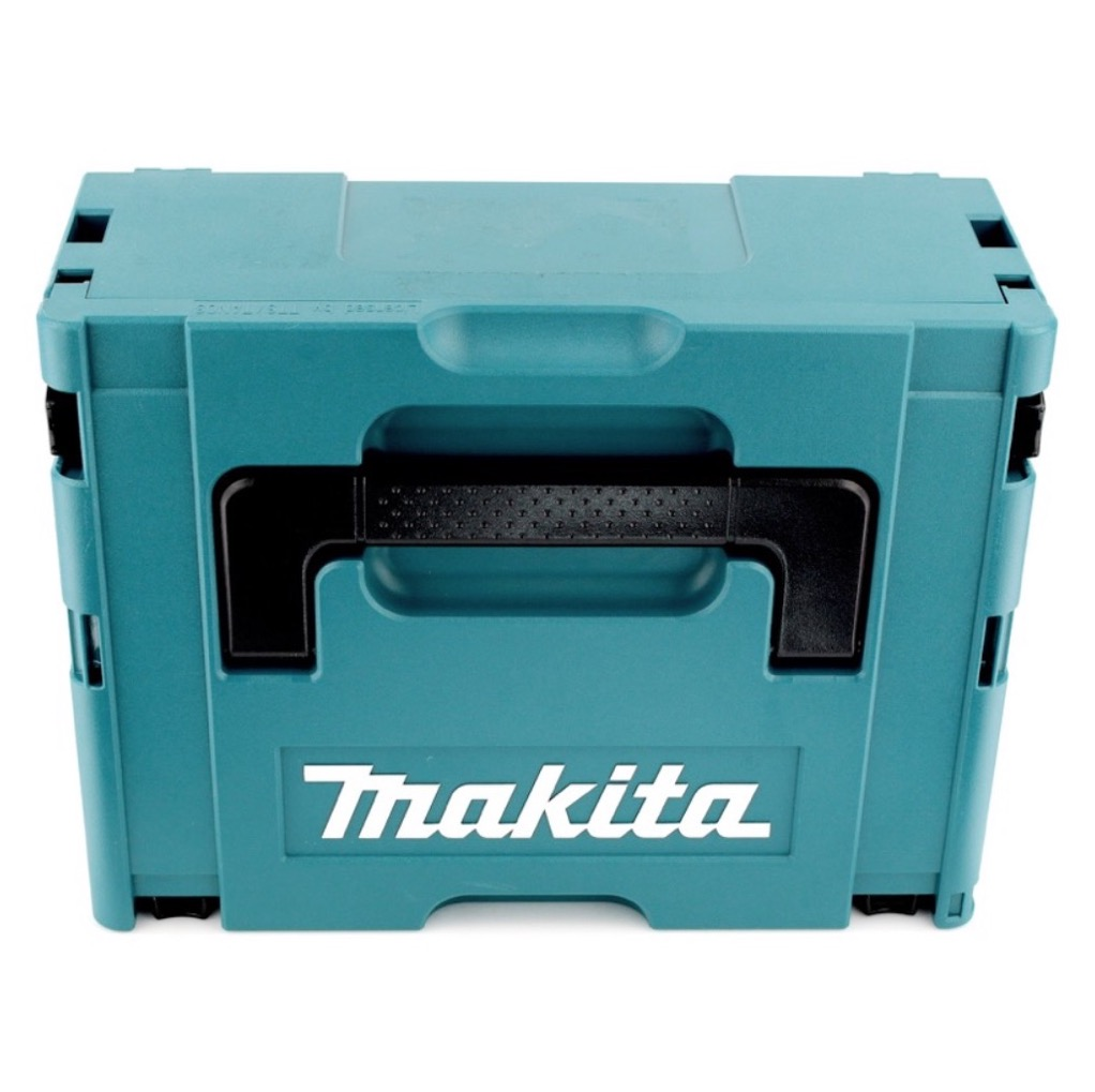 Eine türkisfarbene Makita-Werkzeugkiste mit schwarzem Griff. Das Makita-Logo ist prominent. Die Box ist geschlossen und steht auf weißem Grund.