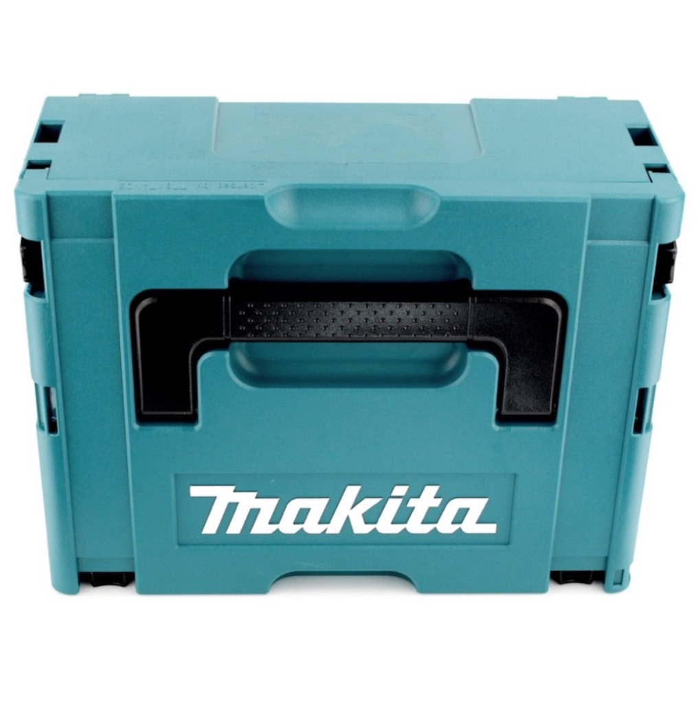 Eine türkisfarbene Makita-Werkzeugkiste mit schwarzem Griff und weißem Makita-Logo. Es befindet sich auf weißem Hintergrund.