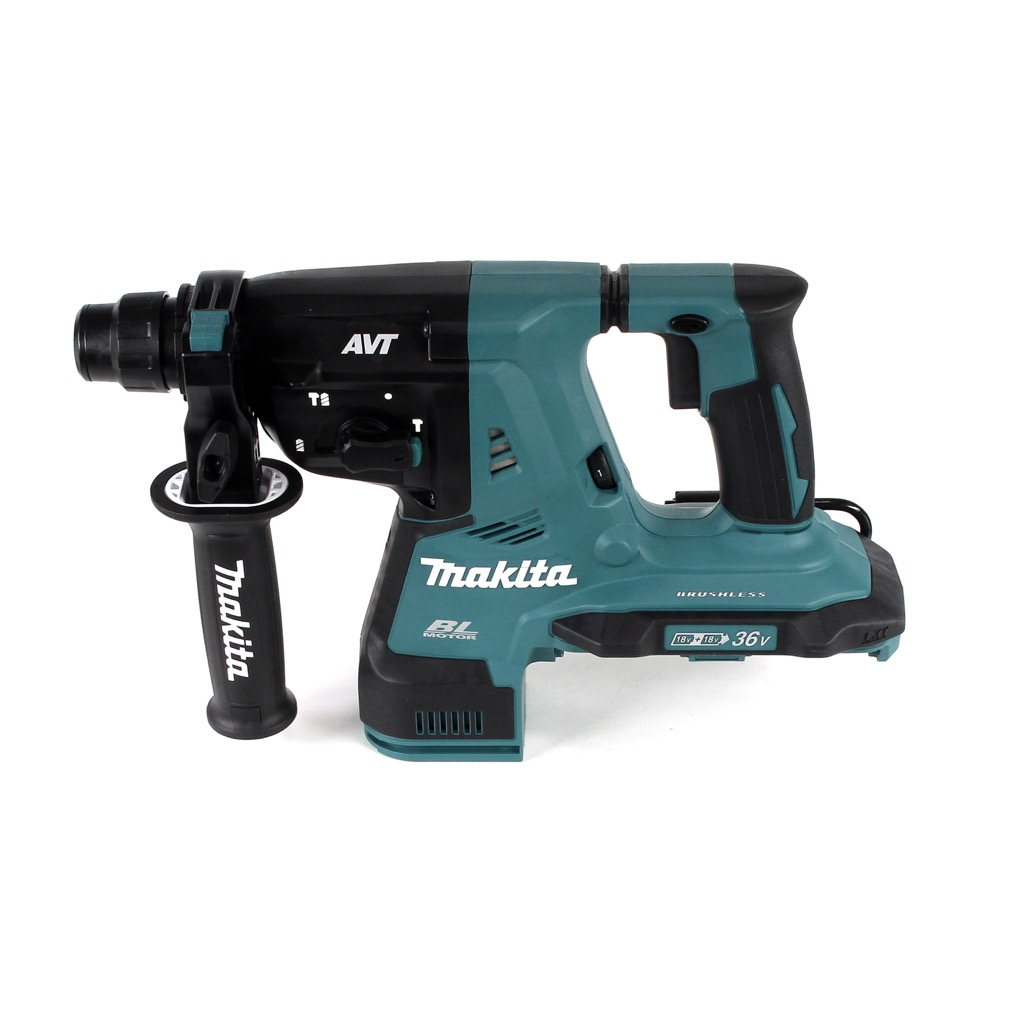 Makita Akku-Hammerbohrer, schwarz und blaugrün. Mit Griff und verschiedenen Einstellungen. Produktname sichtbar.