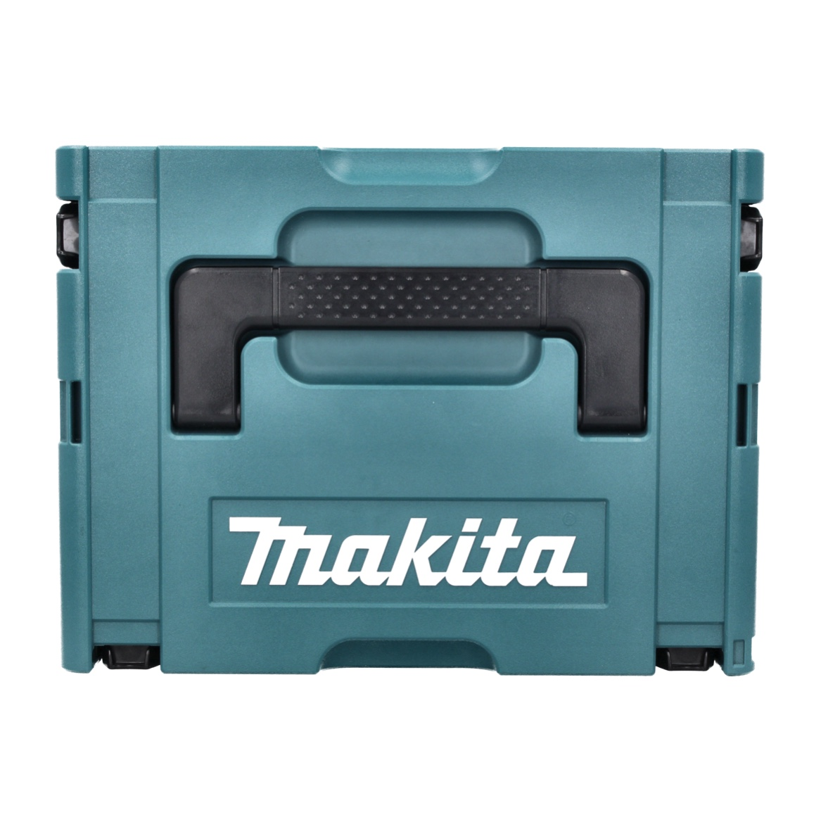 Eine türkisfarbene Makita-Werkzeugbox mit schwarzem Griff. Das Makita-Logo ist weiß. Die Box ist geschlossen.