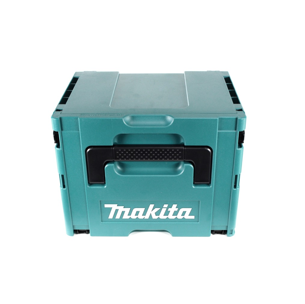 Eine teal Makita Werkzeugkiste, schwarzer Griff und weißes Logo, steht vor weißem Hintergrund. Die Box ist geschlossen.