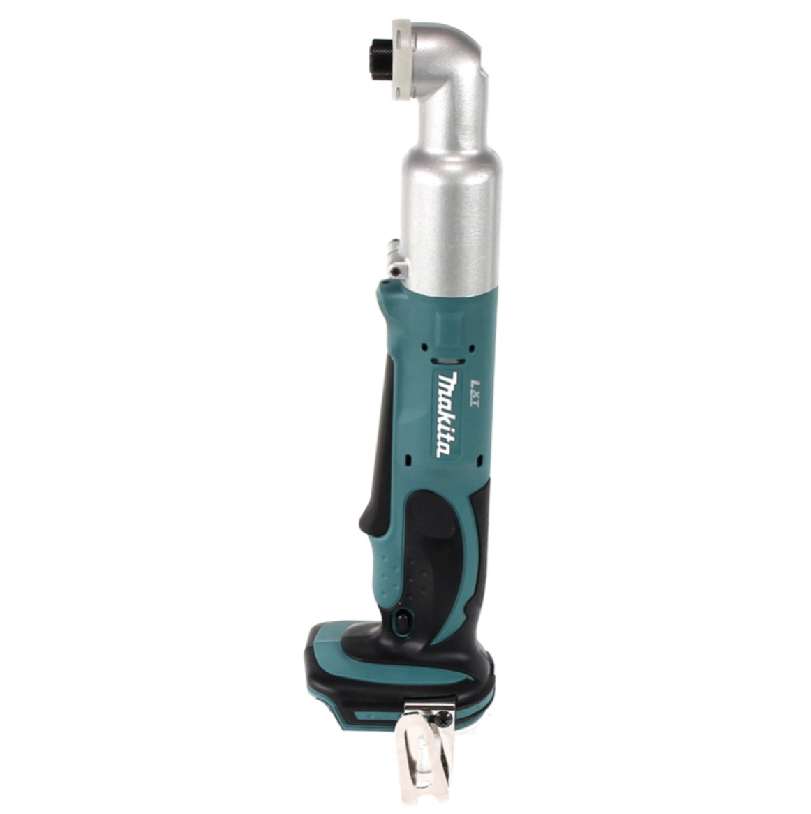 Ein Makita LXT Winkel-Schlagschrauber. Er hat einen teal- und schwarzen Körper mit einem silbernen Kopf und ist vor weißem Hintergrund.