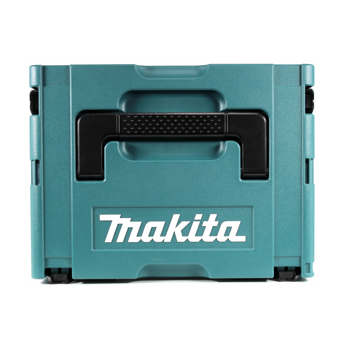 Eine türkisfarbene Makita-Werkzeugkiste mit schwarzem Griff und dem Makita-Logo auf der Vorderseite vor weißem Hintergrund.
