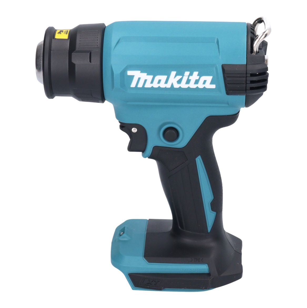 Eine türkisblaue und schwarze Makita-Heißluftpistole. Sie hat einen Auslöser, eine Düse und einen Batteriesockel. Das Makita-Logo ist sichtbar.