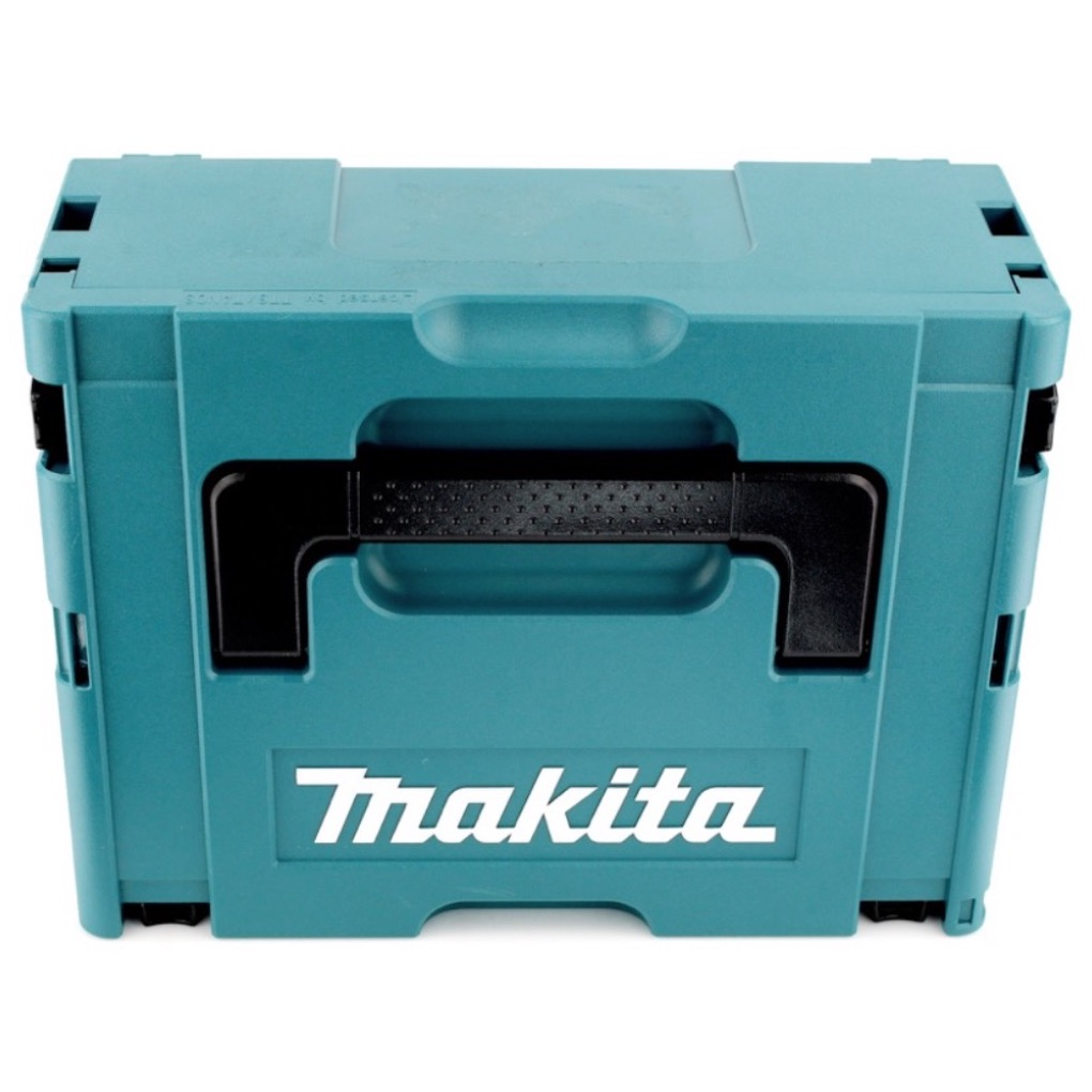 Eine türkisfarbene Makita-Werkzeugkiste mit schwarzem Griff und Makita-Logo. Die Werkzeugkiste ist geschlossen, der Hintergrund ist weiß.