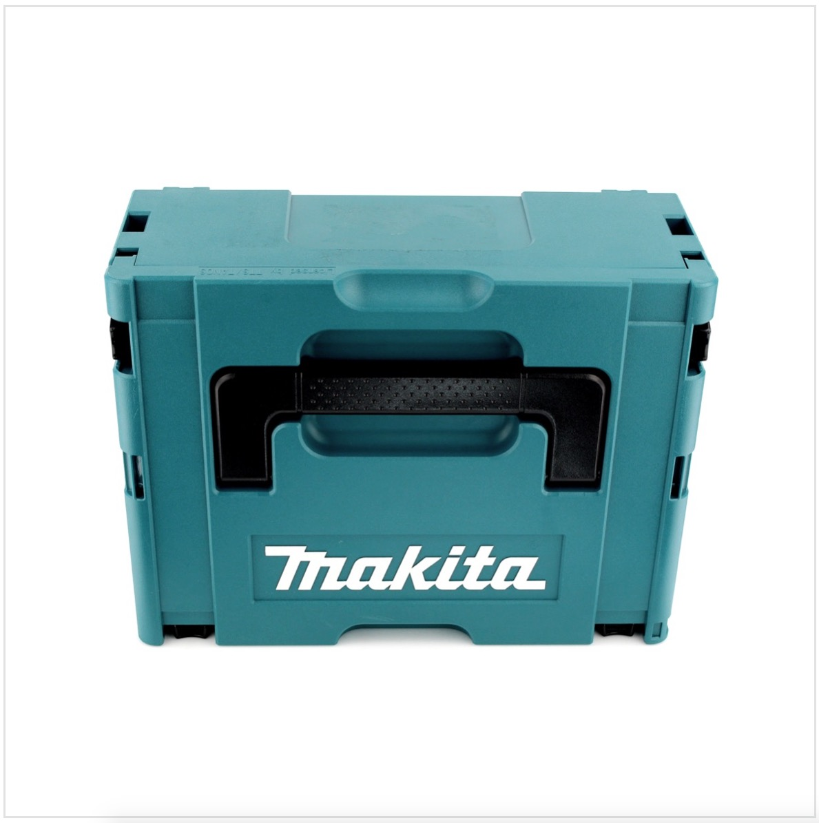 Eine teal-farbene, zusammenklappbare Makita-Aufbewahrungsbox mit schwarzem Griff. Das Makita-Logo ist weiß auf der Vorderseite.