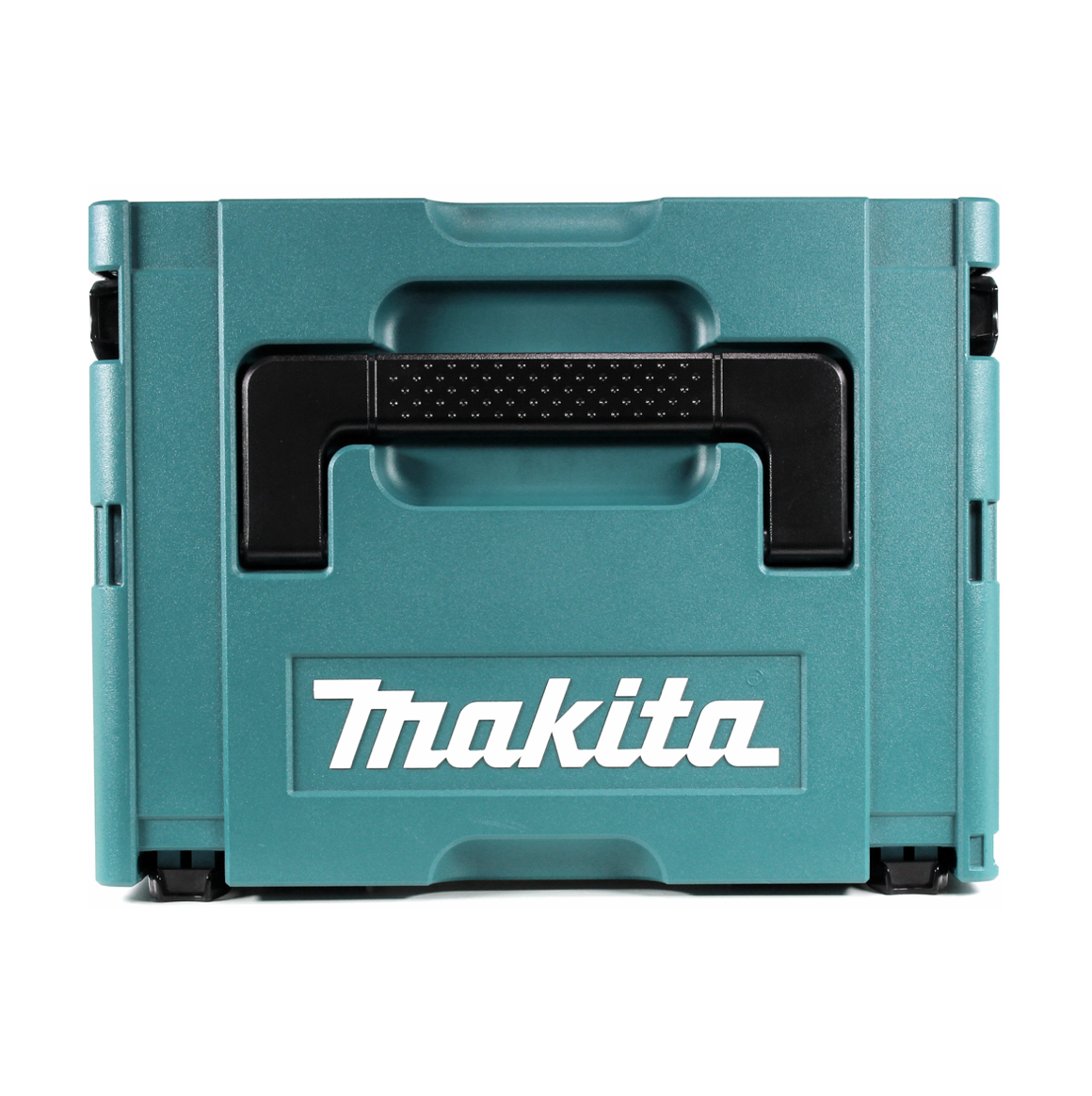 Eine türkisfarbene Makita-Werkzeugkiste ist zentriert. Sie hat einen schwarzen Griff und das Makita-Logo. Der Hintergrund ist schlicht weiß.