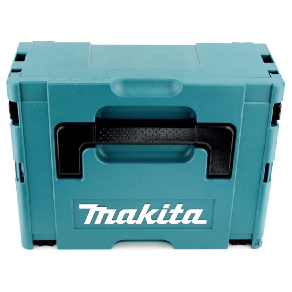 Eine türkisfarbene Makita-Werkzeugkiste mit schwarzem Griff und Makita-Logo. Die Box ist auf weißem Hintergrund geschlossen.