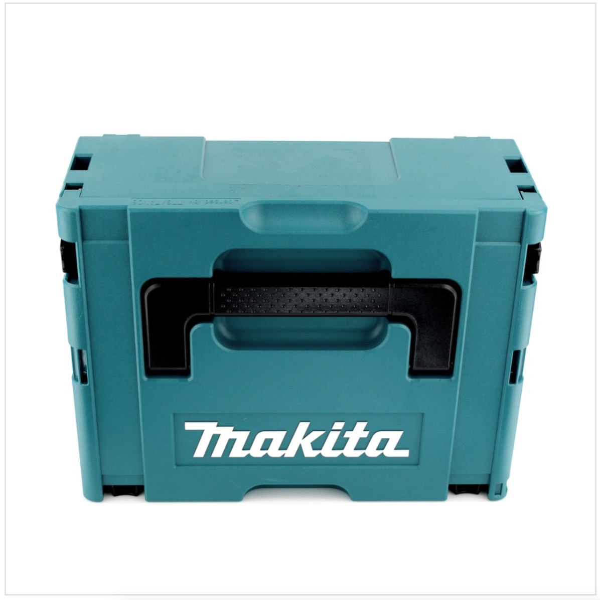 Eine türkisfarbene Makita-Werkzeugkiste steht vor weißem Hintergrund. Sie hat einen schwarzen Griff und das Makita-Logo in Weiß.