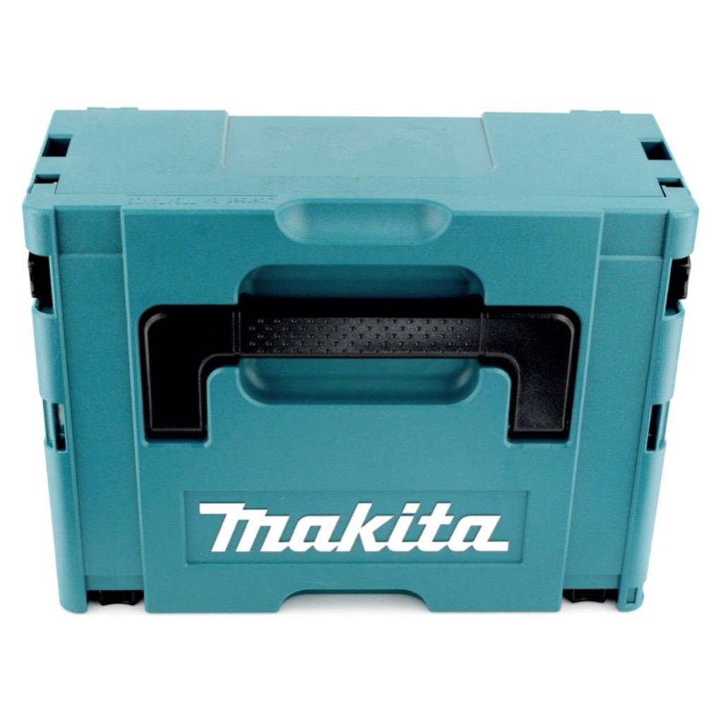 Ein türkisfarbener Makita-Werkzeugkoffer mit schwarzem Griff und Makita-Logo. Der Koffer ist geschlossen und steht auf weißem Hintergrund.