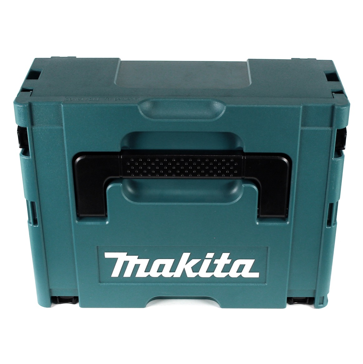 Eine teal Makita Werkzeugkiste mit einem schwarzen Griff und dem Markenzeichen in Weiß. Sie steht auf einer weißen Oberfläche.