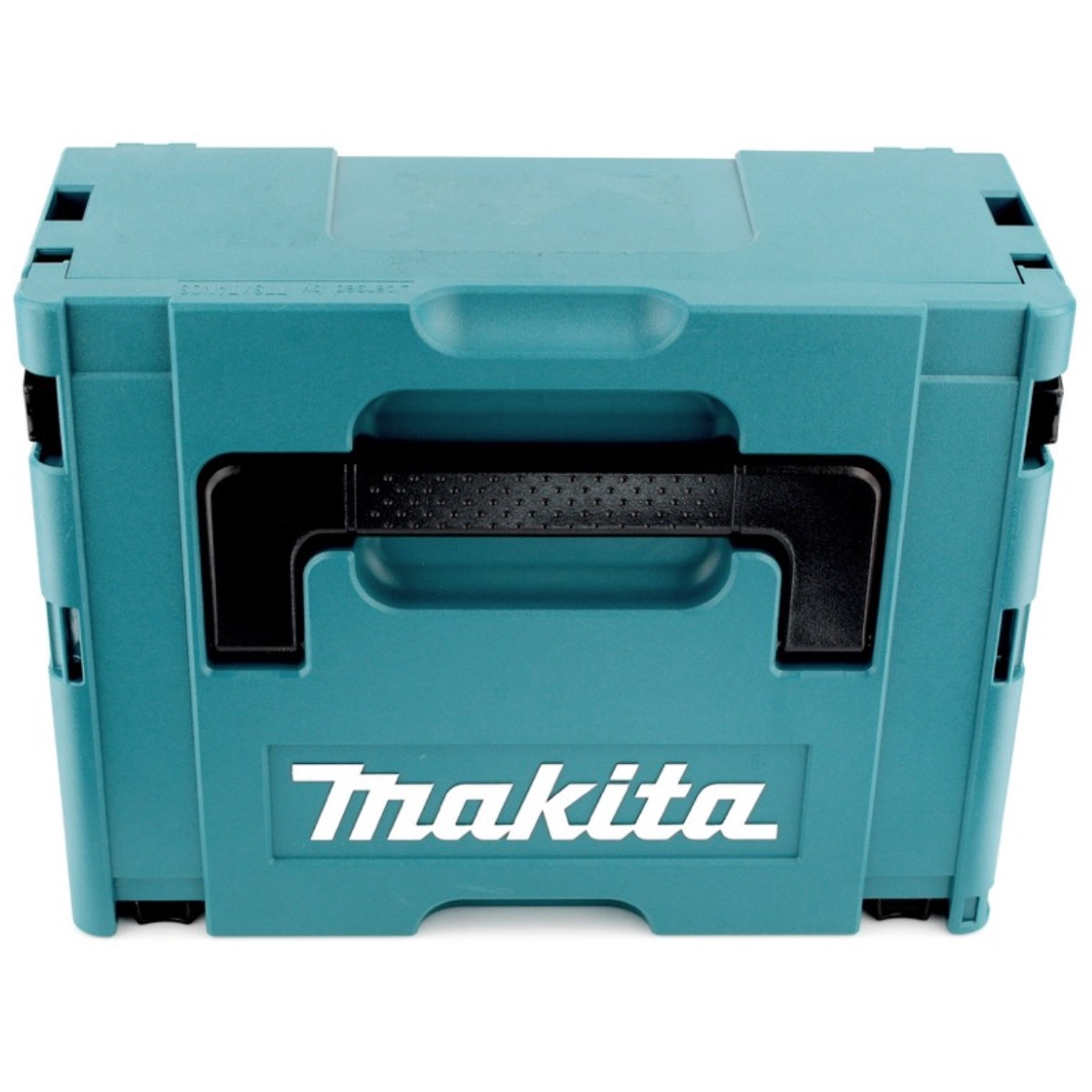 Eine türkisfarbene Makita-Werkzeugbox mit schwarzem Griff und dem weißen Makita-Logo auf der Vorderseite.