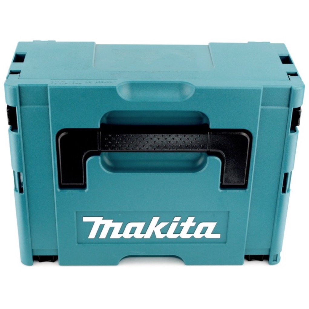 Eine teal Makita Werkzeugkiste, Vorderansicht. Es hat einen schwarzen Griff und das Makita-Logo. Die Box ist geschlossen.