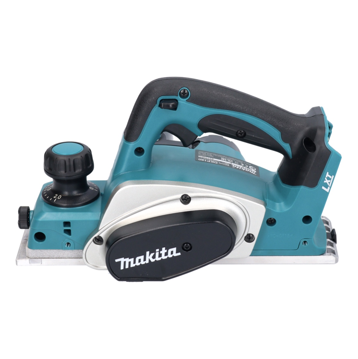 Ein elektrischer Hobel von Makita, türkis und schwarz, mit silberner Basis. Er hat einen Griff und einen verstellbaren Knopf.