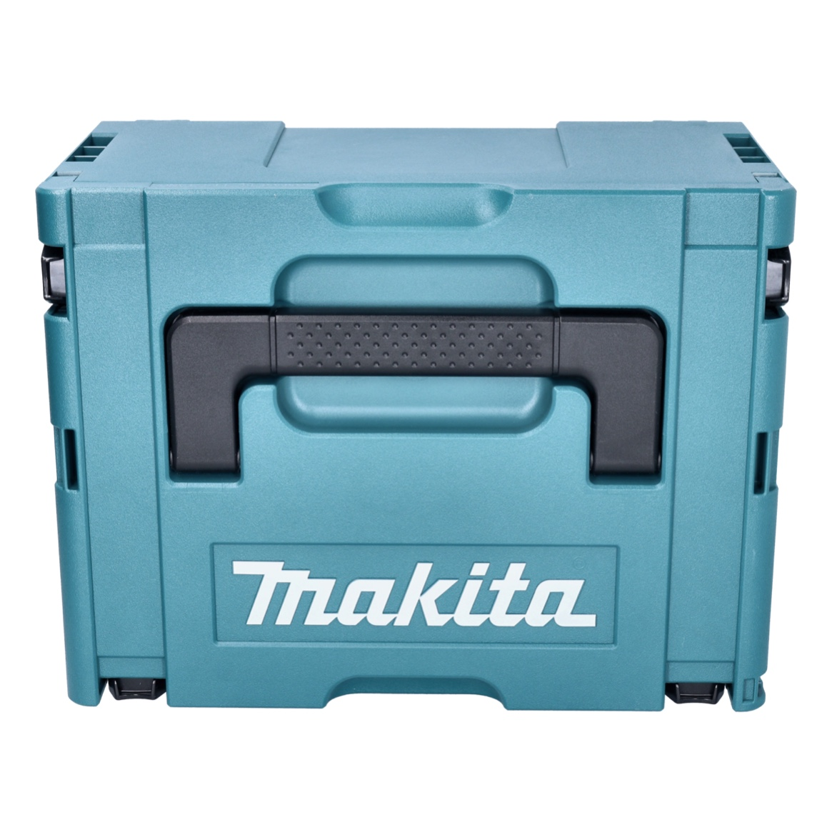 Eine türkisfarbene Makita-Werkzeugkiste mit schwarzem Griff und Makita-Logo. Sie ist geschlossen und einsatzbereit.
