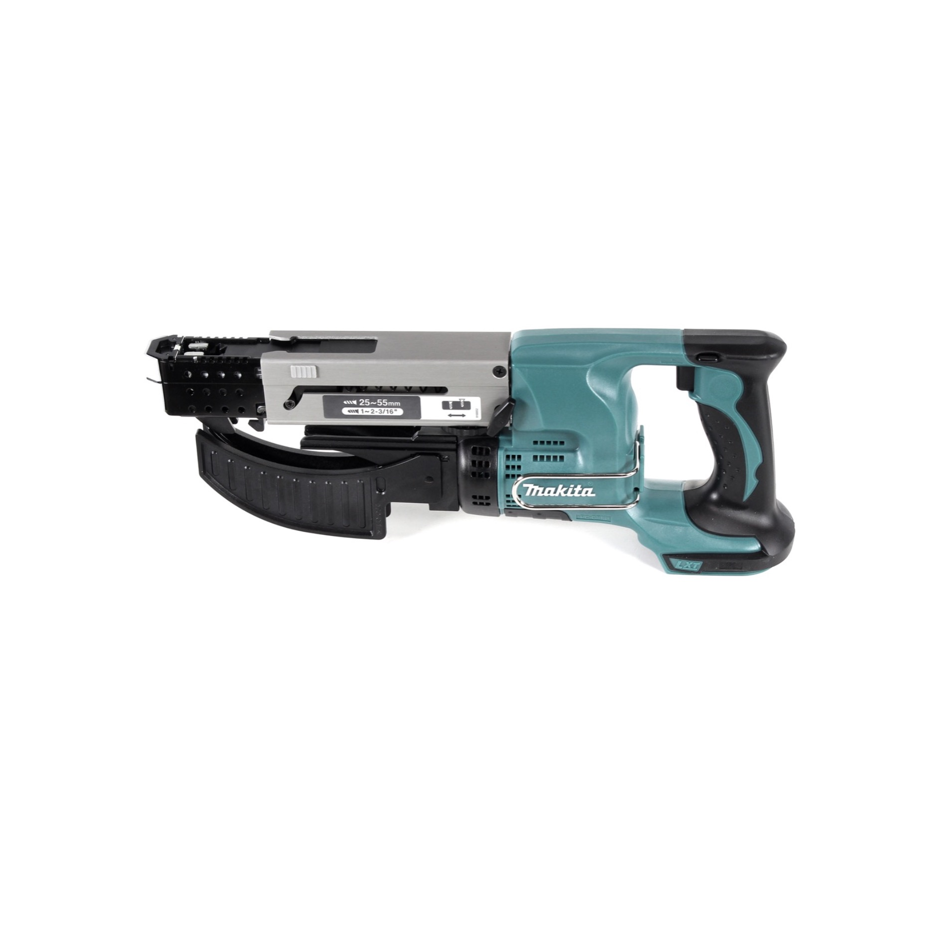 Ein Makita-Elektrowerkzeug, türkis und schwarz, auf weißem Hintergrund. Es hat einen langen Lauf und einen Pistolengriff.