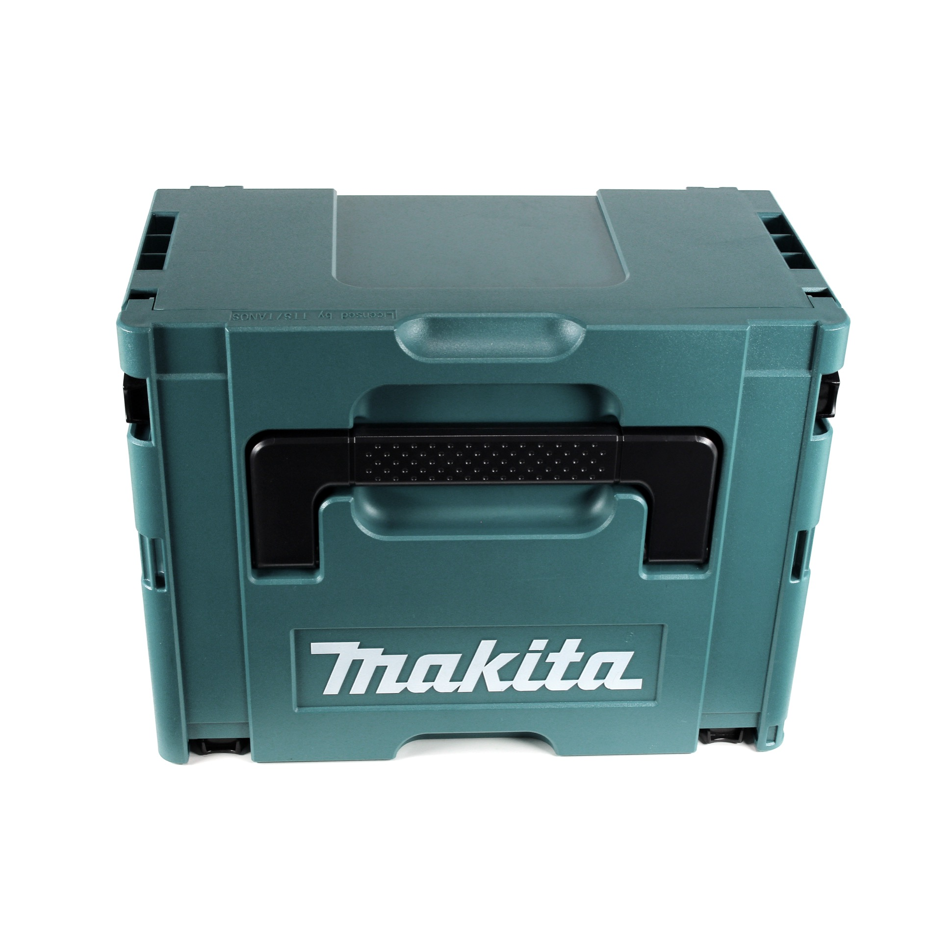 Eine tealfarbene Makita-Werkzeugkiste mit schwarzem Griff. Das Logo ist weiß. Es ist auf weißem Hintergrund.