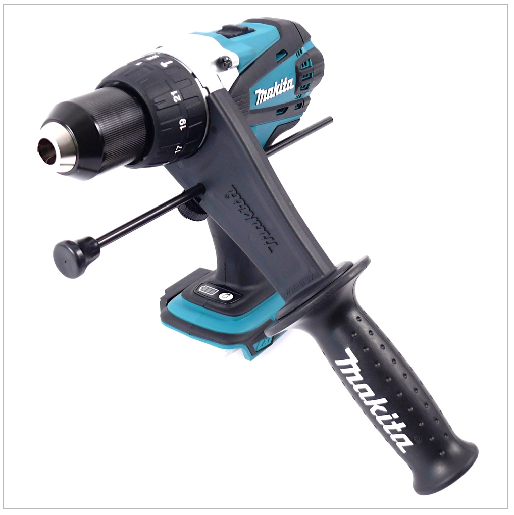 Akku-Bohrmaschine von Makita. Schwarzer Griff und Körper, türkisfarbene und weiße Akzente. Griff mit Makita-Logo. Bohrer sichtbar. Weißer Hintergrund.