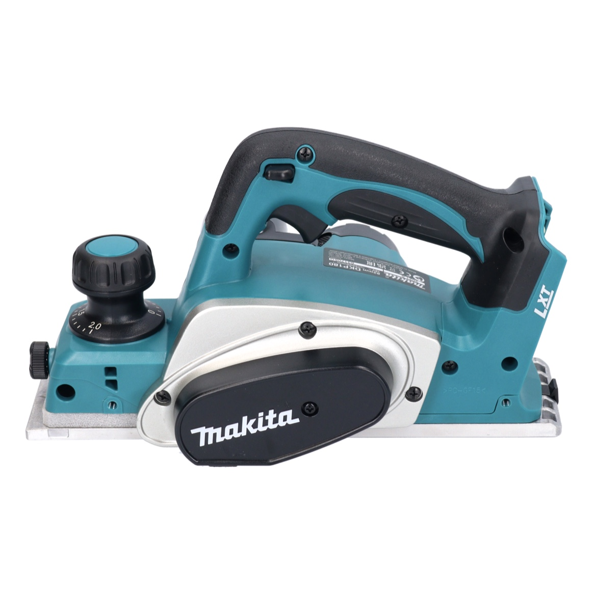 Ein teal-schwarzer Makita Elektro-Handhobel. Er hat einen Griff, eine Klinge und ein Einstellrad. Das Makita-Logo ist sichtbar.