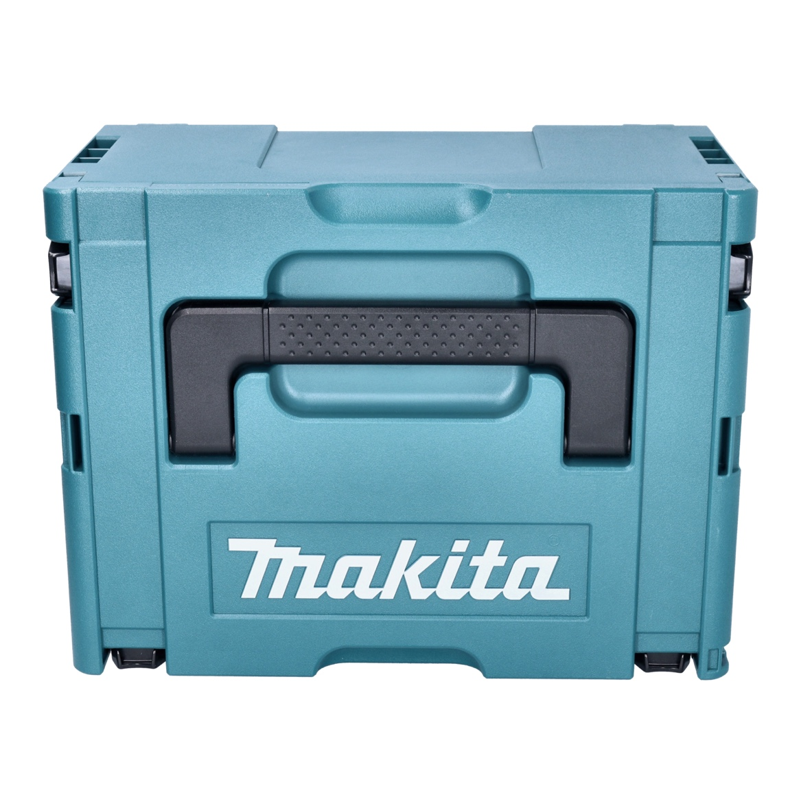 Eine türkisgrüne Makita-Werkzeugkiste mit einem schwarzen Griff. Das Makita-Logo ist auf der Vorderseite zu sehen.