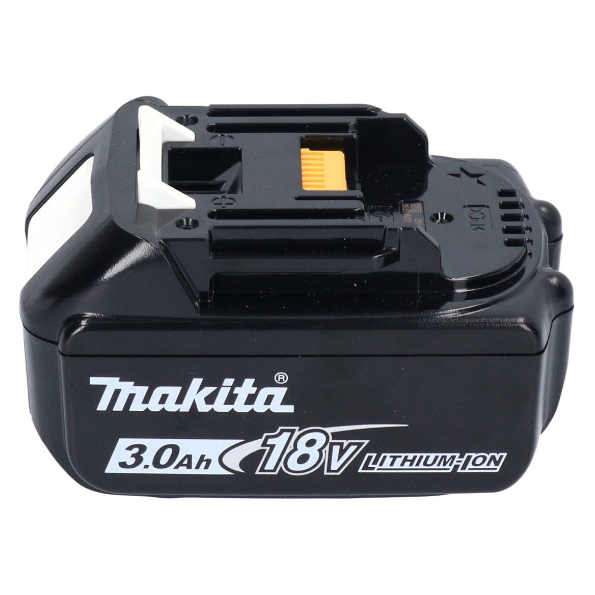Schwarzer Makita 18V Lithium-Ionen-Akku. Er hat weiße Akzente und einen gelben Stecker. Text: Makita, 3,0Ah, 18V Lithium-Ionen.