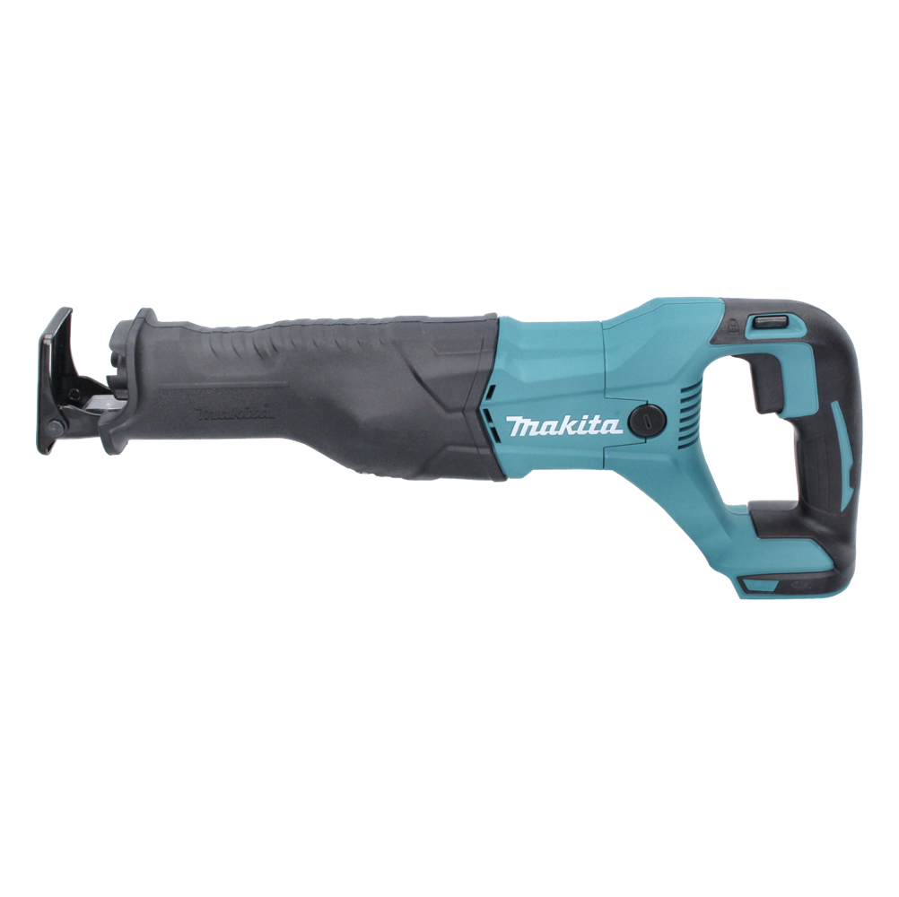 Eine Makita Säbelsäge. Sie ist blaugrün und schwarz, mit dem Makita-Logo auf der Seite. Der Hintergrund ist weiß.