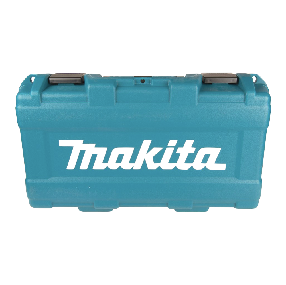 Eine türkisfarbene Makita-Werkzeugkiste mit schwarzen Verschlüssen. Das weiße Makita-Logo ist mittig auf der Vorderseite.