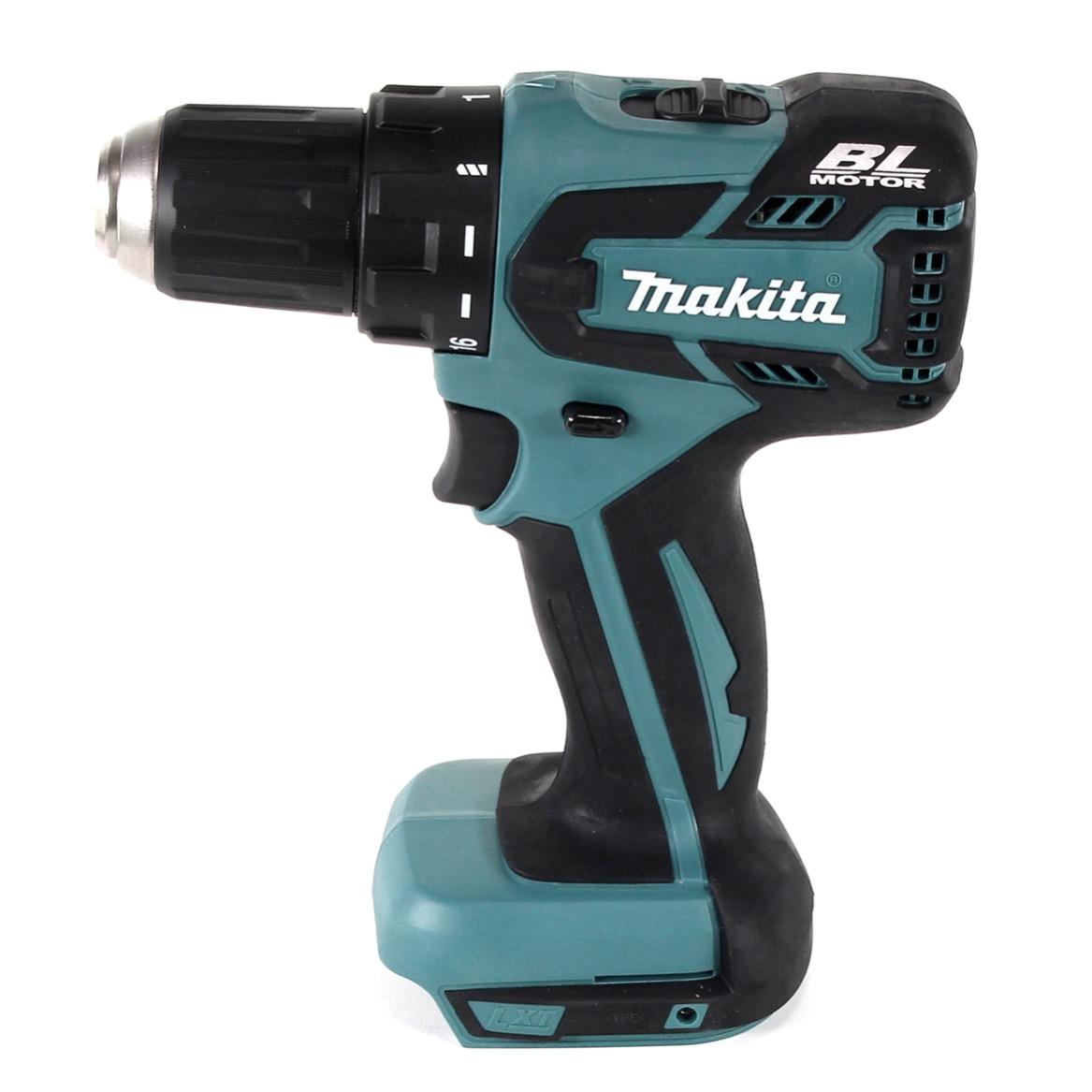 Eine türkis-schwarze Makita-Akku-Bohrmaschine auf weißem Hintergrund. Mit Makita-Logo und BL MOTOR-Aufschrift.